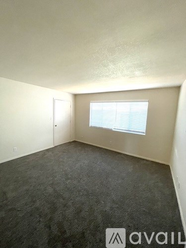 A room with a carpeted floor and a window with blinds.
