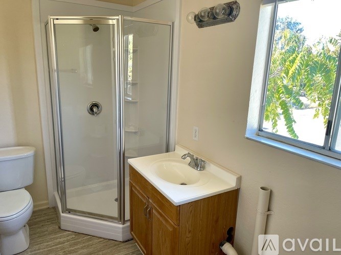 A bathroom with a toilet, sink, and shower.