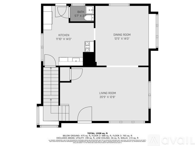 A floor plan of a small apartment with a living room, kitchen, dining room and bathroom.