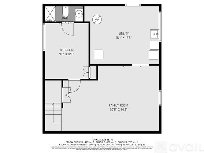 A floor plan of a small apartment with a bedroom, bathroom, and utility space.