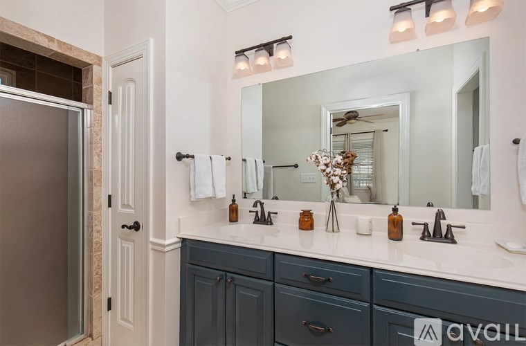 A bathroom with a mirror, two sinks, and a shower.