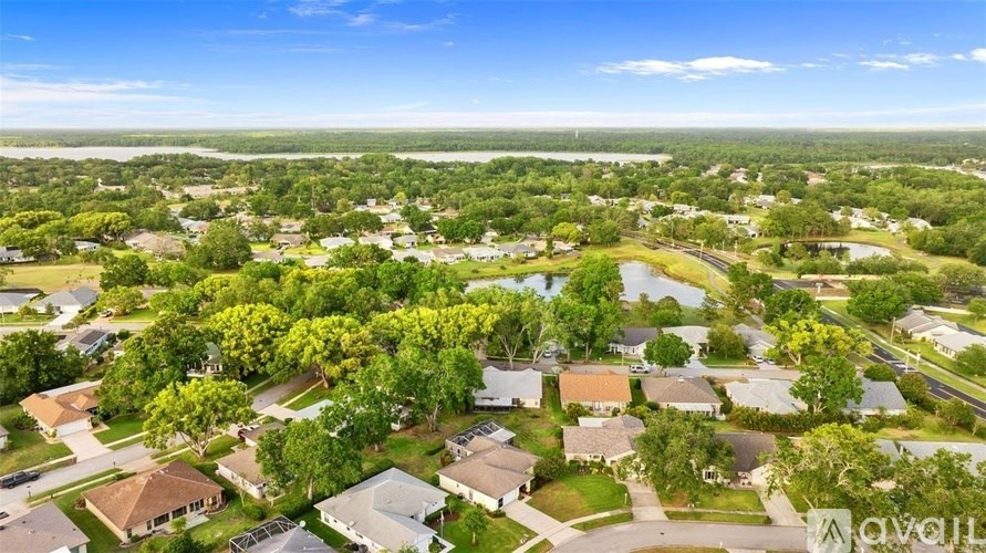 A bird's eye view of a suburban neighborhood with houses and trees.