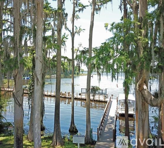 A dock is in the water surrounded by trees.