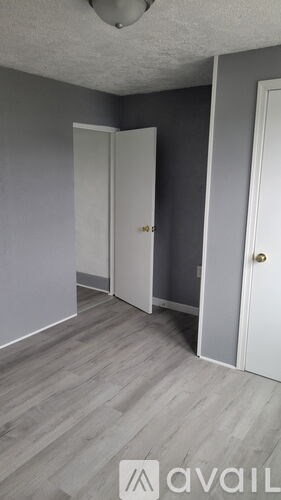 A room with a grey floor and two white doors.
