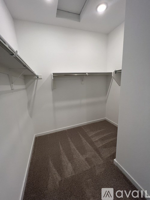 A carpeted room with a wall-mounted shelf and a hanging closet rod.