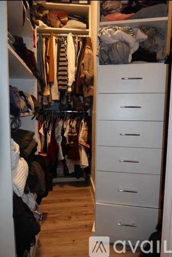 A white closet with clothes hanging and drawers.
