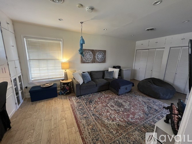 A living room with a rug, a couch, a chair, and a lamp.