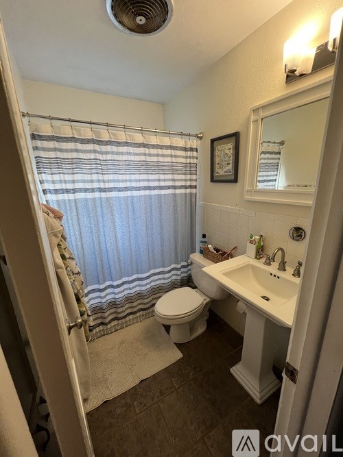 A bathroom with a toilet, sink, and shower curtain.