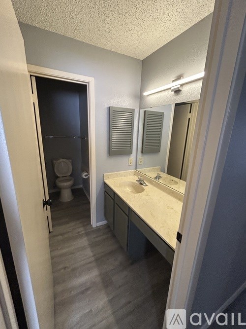 A bathroom with a toilet, sink, and mirror.