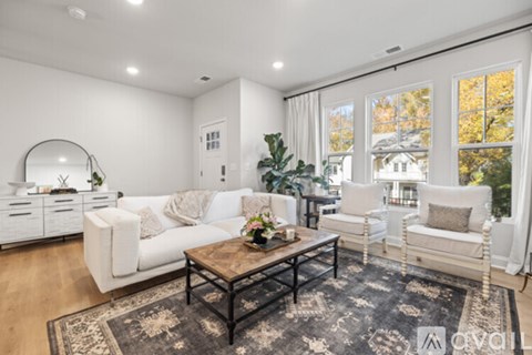 A living room with a white sofa, a wooden coffee table, and a rug with a black and white pattern.