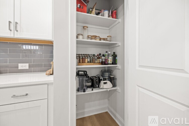 A kitchen pantry with white cabinets and a white door.