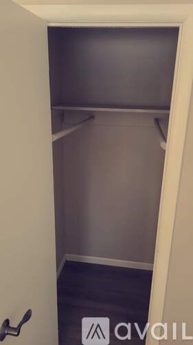 A white closet with a black carpeted floor.