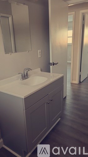 A bathroom with a sink, mirror, and wooden floor.