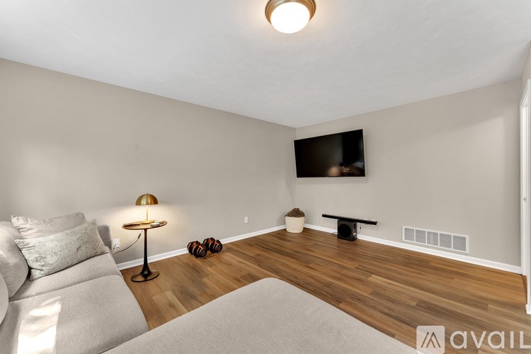 A living room with a grey couch, a lamp, a television, and a dog.
