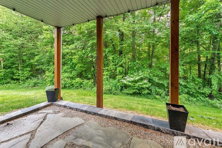 A patio with a roof and two potted plants.