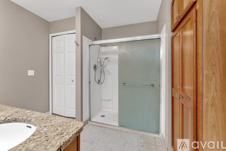 A bathroom with a walk-in shower and a white door.