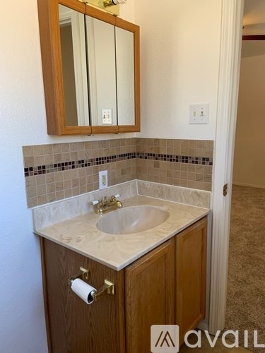 A bathroom with a sink and mirror.