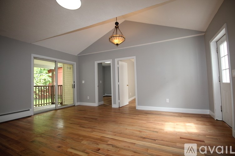 A room with wooden floors and a hanging light fixture.