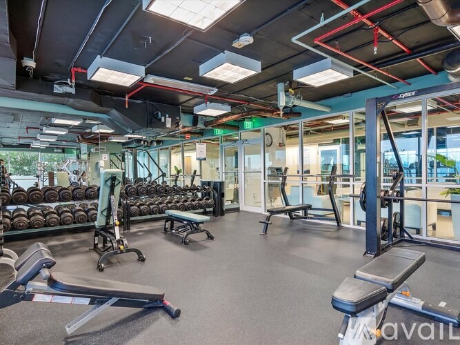 A gym with a variety of equipment including weights and benches.