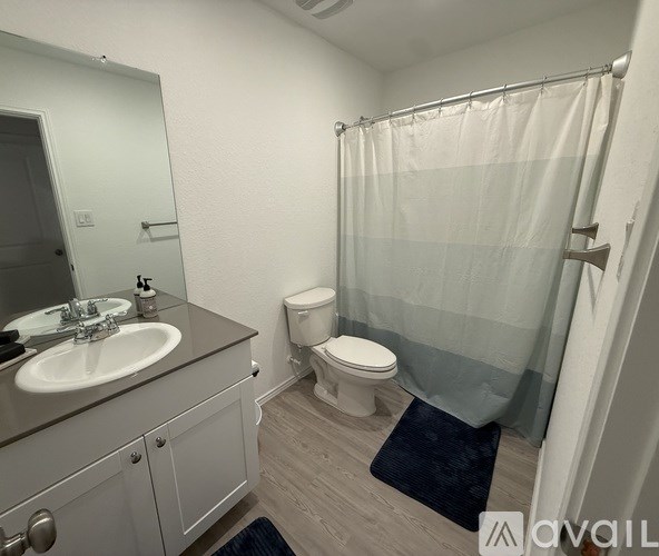 A bathroom with a toilet, sink, and shower.