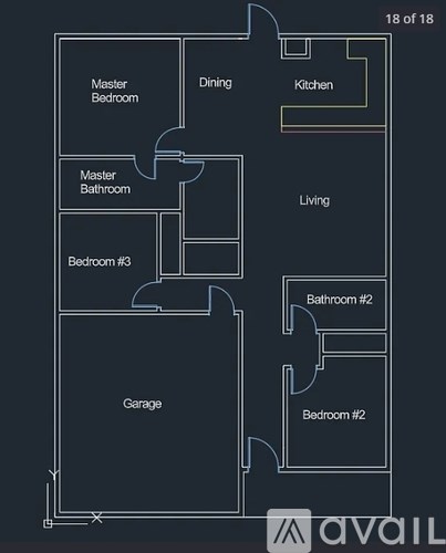 A floor plan of a house with labeled rooms including a garage and two bedrooms.