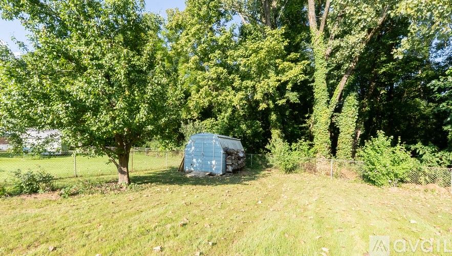 A blue shed sits in a grassy field with trees in the background.