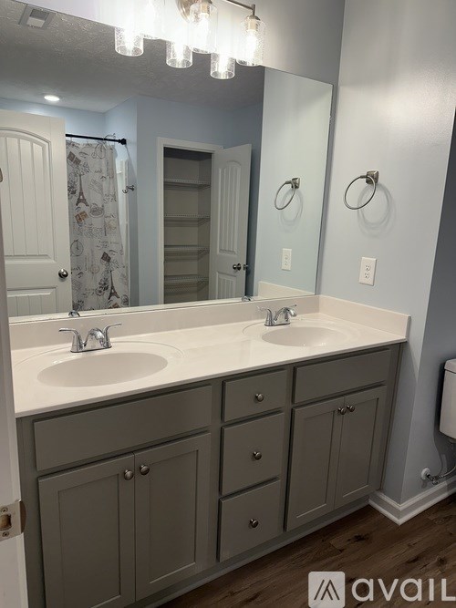 A bathroom with a double sink and a large mirror.