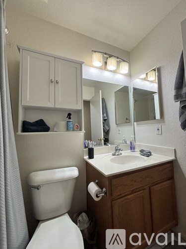 A bathroom with a toilet, sink, and mirror.