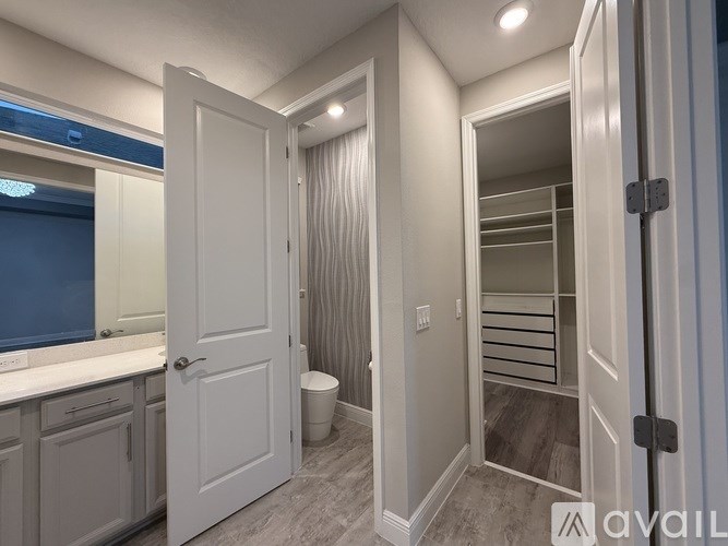 A bathroom with a toilet, sink, and a walk-in closet.
