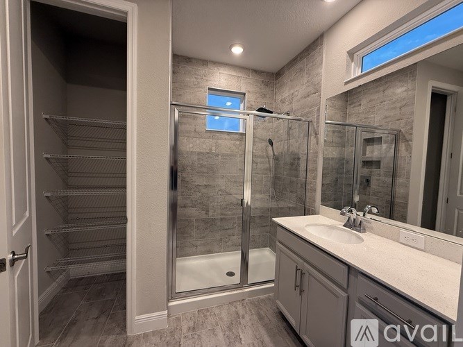 A bathroom with a walk-in shower and a sink.