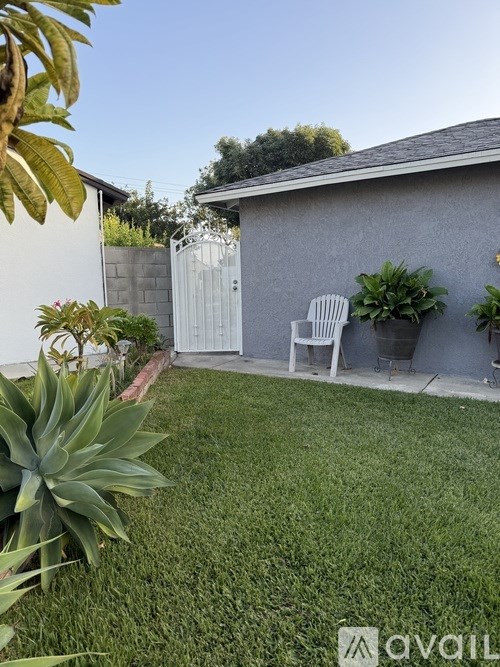 A backyard with a white chair and a grey house.