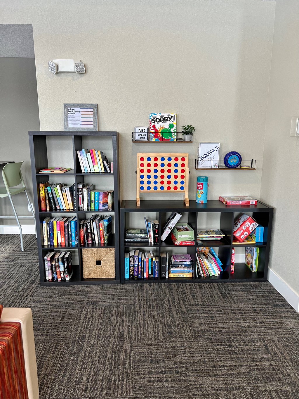 A room with a bookshelf and a carpet.