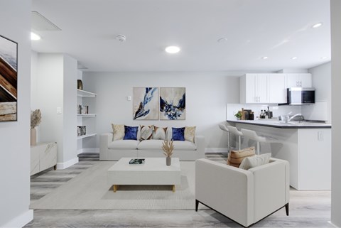 Modern living room with vinyl plank flooring.