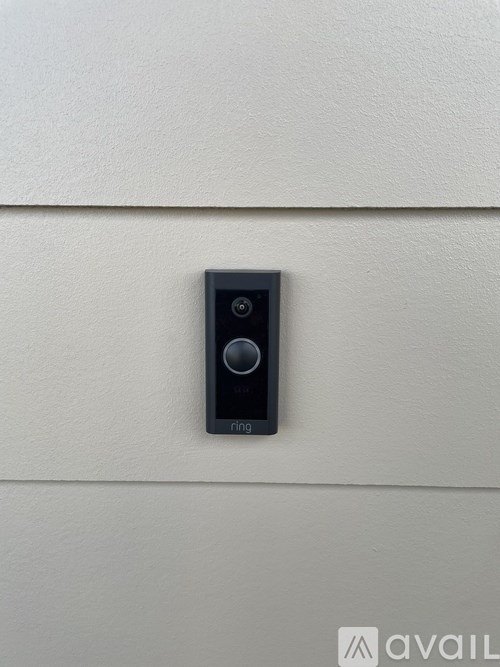 A Ring video doorbell is mounted on a white door.