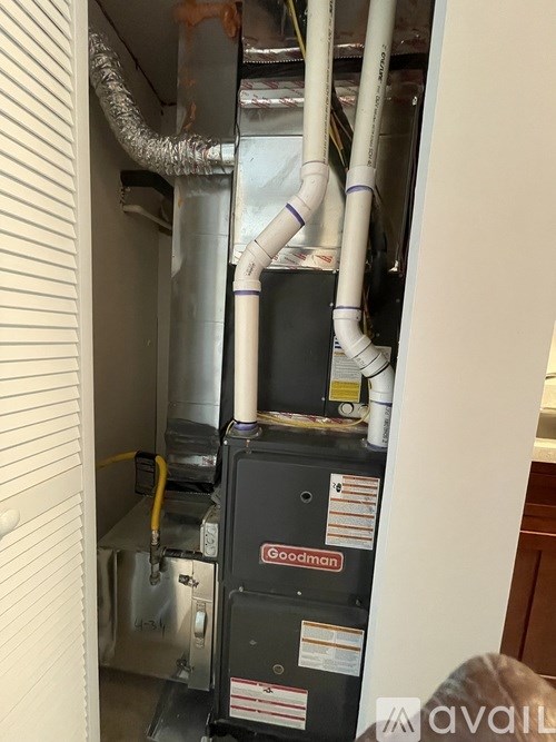 A Goodman furnace is installed in a wall.