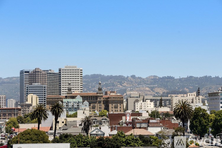 A cityscape with buildings and palm trees under a clear blue sky.