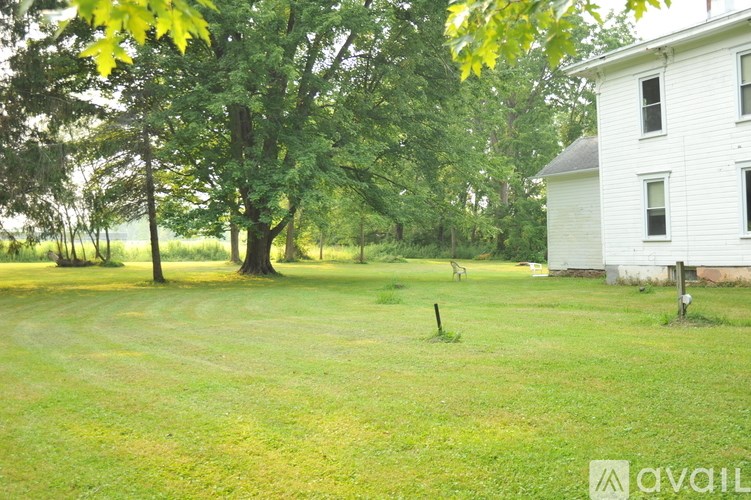 A white house is behind a tree in a grassy field.