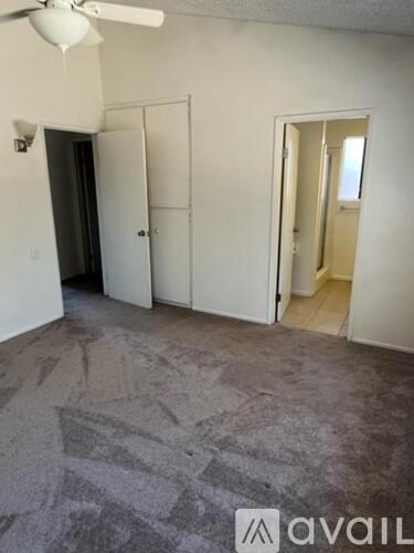 A room with a fan and two doors.