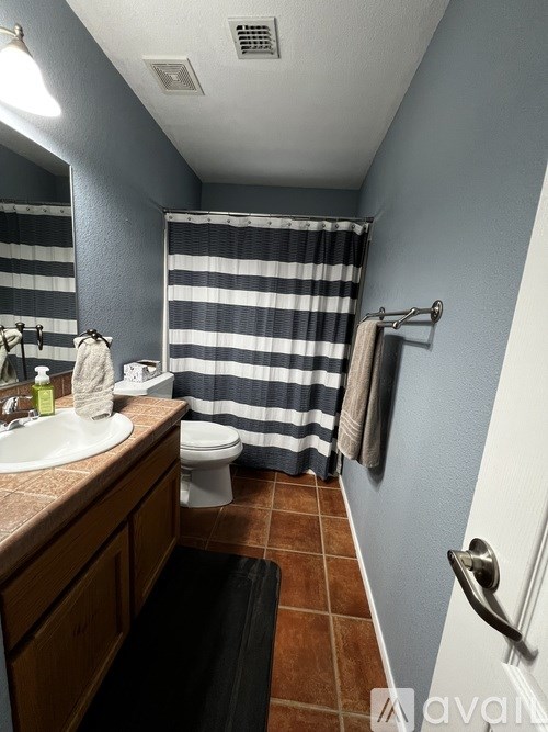 A bathroom with a toilet, sink, and striped shower curtain.