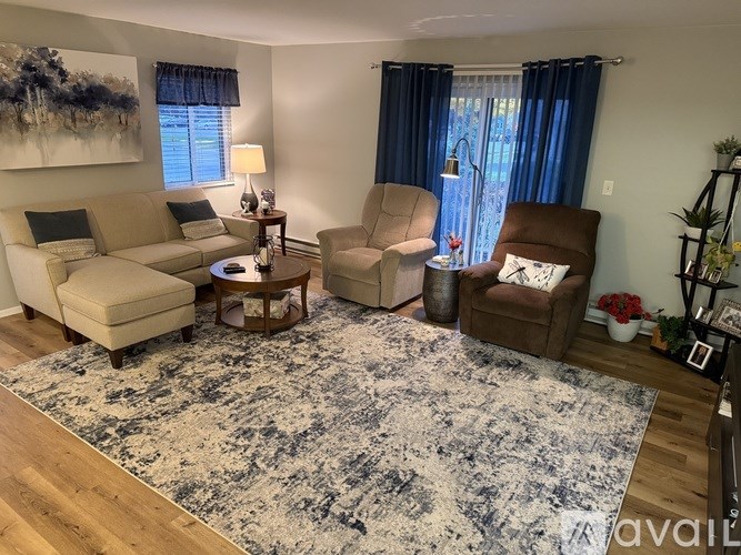 A living room with a rug, a sofa, a chair, and a table.