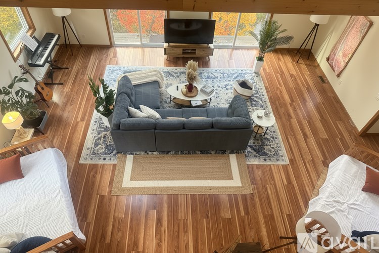 A living room with a grey couch and a rug in the middle.