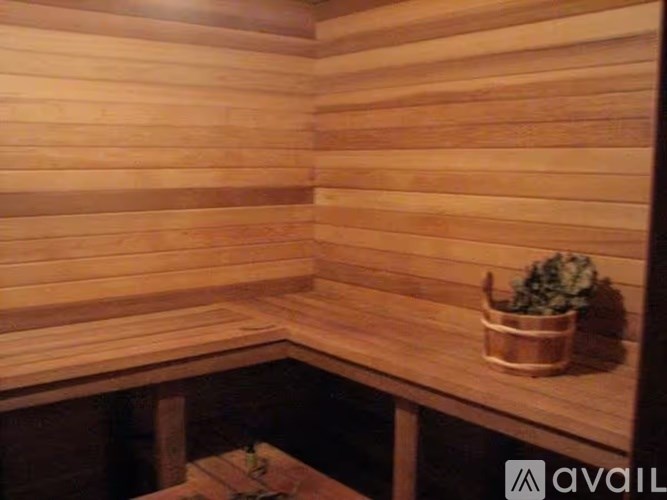 A wooden sauna with a bucket of green plants on the bench.