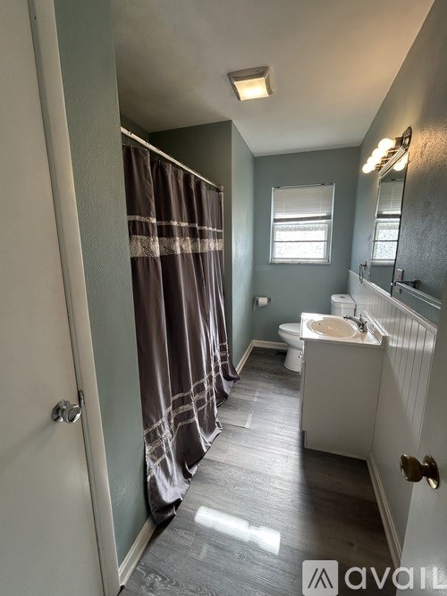 A bathroom with a toilet, sink, and shower curtain.