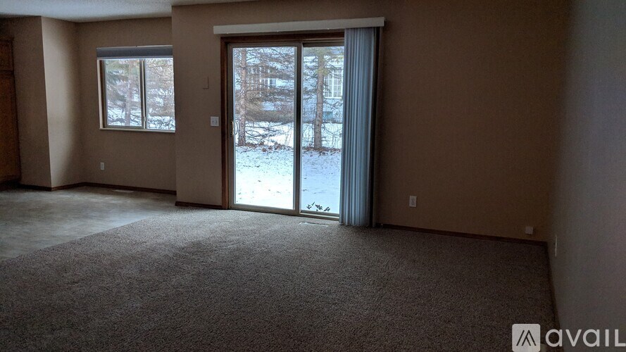 A room with a carpeted floor and a view of a snowy landscape through a sliding glass door.