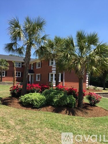 A building with a lawn in front of it and a palm tree.