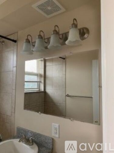 A bathroom with a sink, mirror, and light fixture.