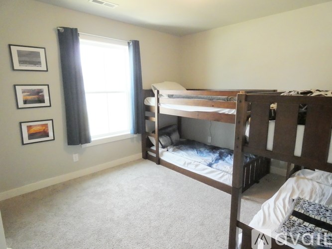 A room with a bunk bed and pictures on the wall.