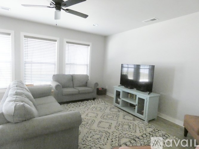 A living room with a grey couch, a television, and a ceiling fan.