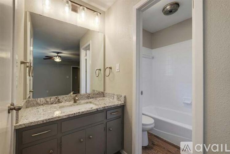 A bathroom with a marble countertop and a walk-in shower.