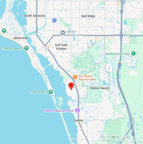 A map shows a red pin marking a location near Palmer Ranch.